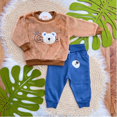 Conj. Casaco de Pelinho Let's Go e Calça de Moletom Ursinho - Marrom e Azul Jeans